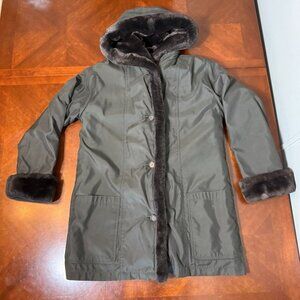 Vintage 90s Saks Fifth Avenue D2 Faux Fur Hooded Coat XS Green Korea Warm